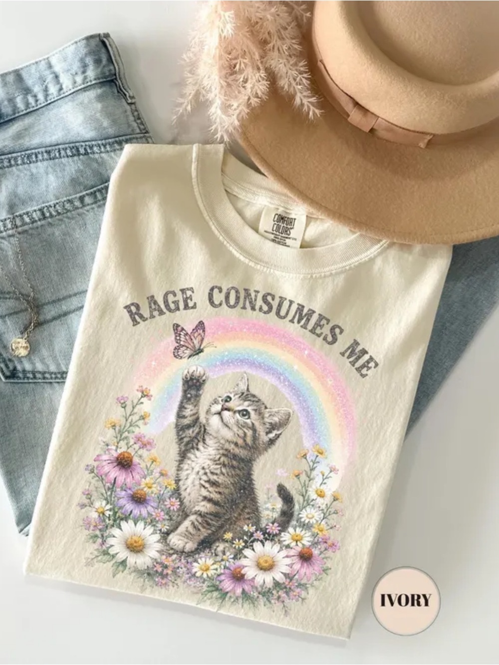 Comfort Colors Ivory Graphic Tee with Kitten, Rainbow & Floral Print